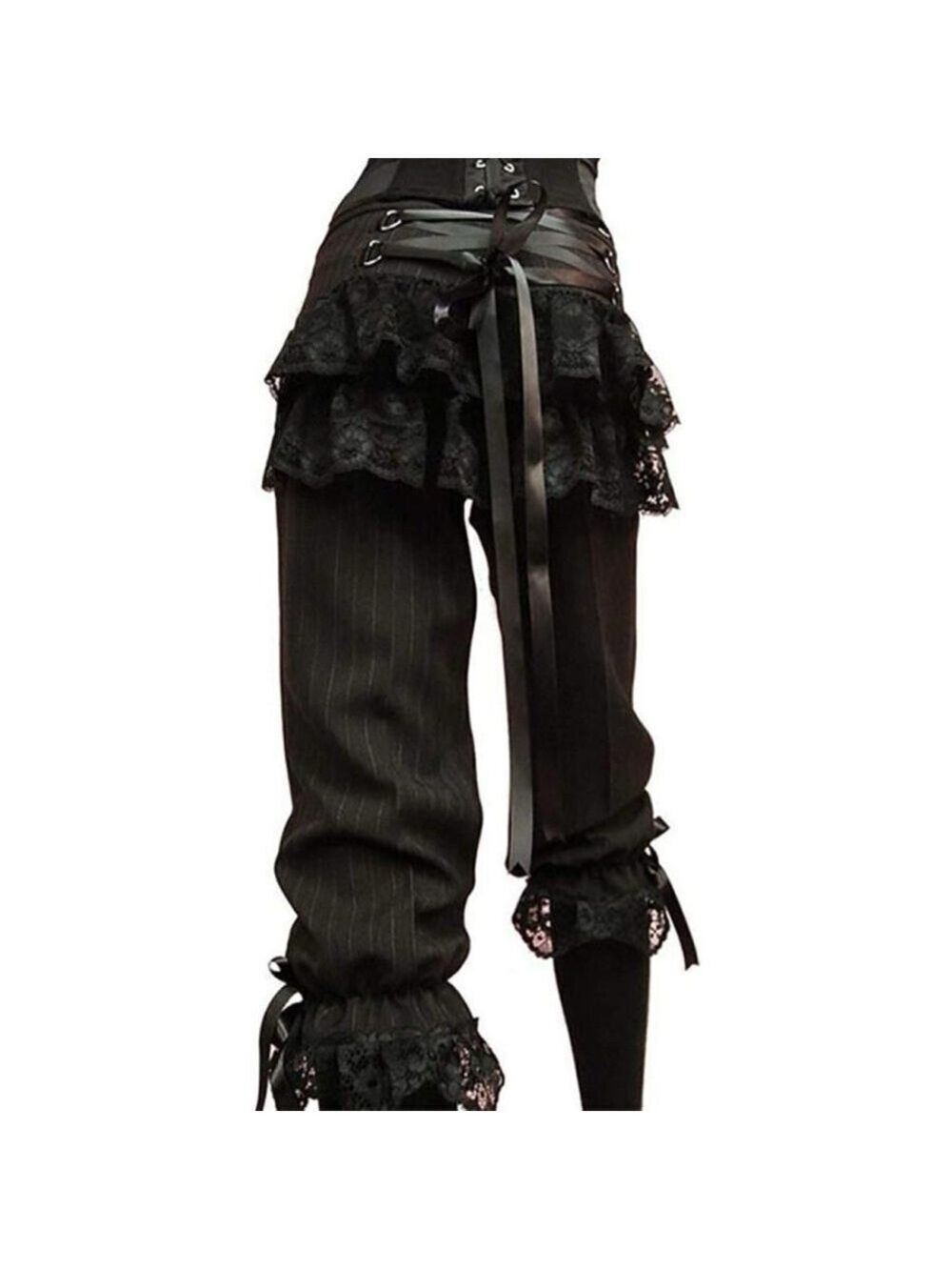Brown Pin Stripe Lace Trim Corset Ribbon Steampunk Pants - Picture 9 of 16